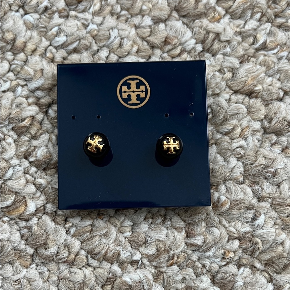 Tory Burch Navy/ Gold Logo Stud Earrings